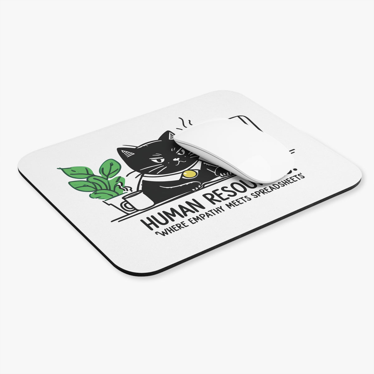 Mouse Pad (Rectangle) - Funny Office Humor Human Resources HR Cat Working Desk and Plant