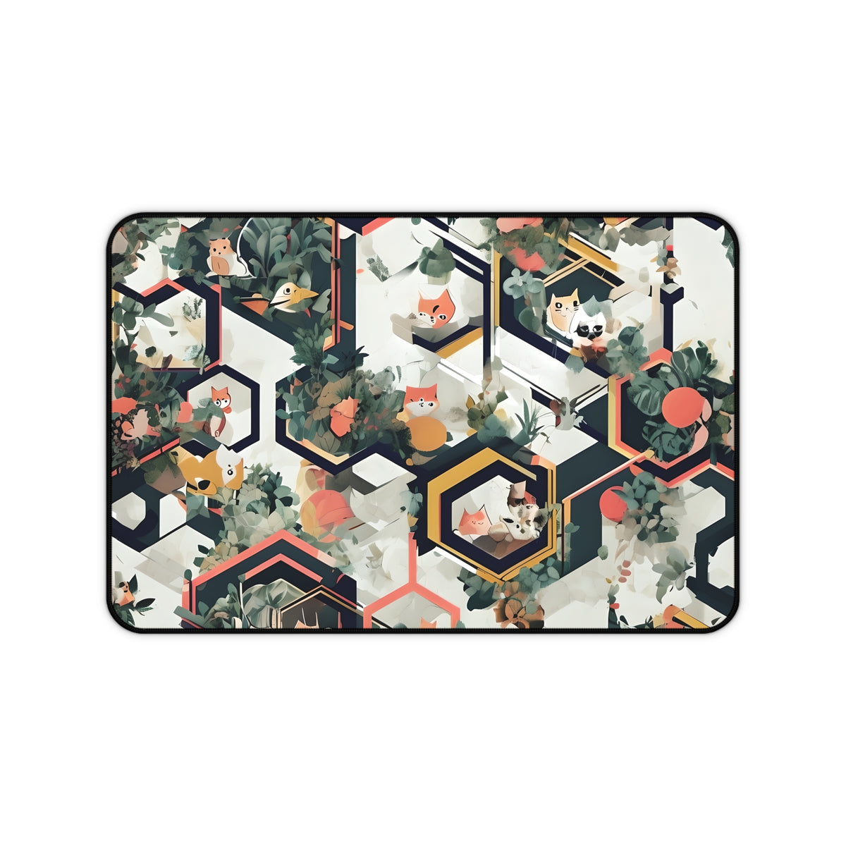 Geometric Cat Desk Mat with Botanical Design, Office Decor, Gift for Home, Creative Workspace, Modern Desk Accessory, Mouse Pad