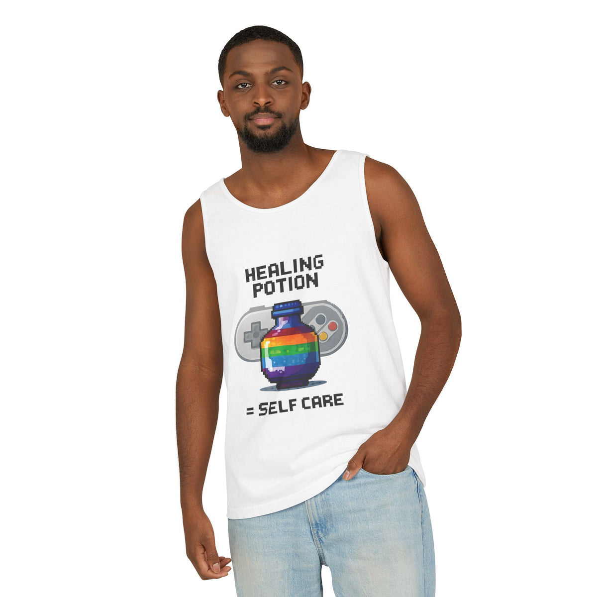 Retro Gaming Tank Top, LGBTQ+ Pride Rainbow Design, Unisex Shirt, Pixelated Tee, Gamer Apparel, Pride Clothing