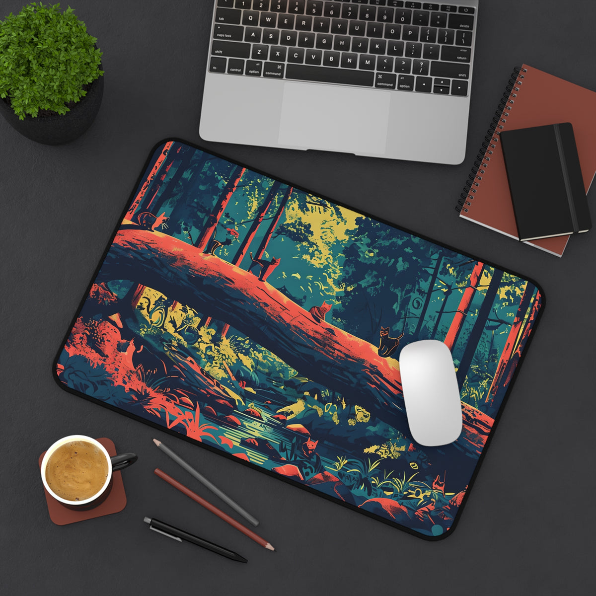 Nature-Inspired Desk Mat for Home Office, Cute cat pattern mouse pad , Eco-Friendly Workspace Decor, Gaming Pad, Woodland Scene