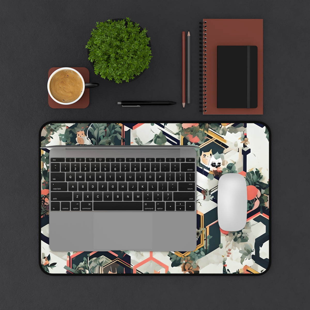 Geometric Cat Desk Mat with Botanical Design, Office Decor, Gift for Home, Creative Workspace, Modern Desk Accessory, Mouse Pad