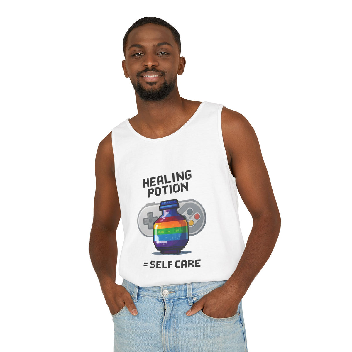 Retro Gaming Tank Top, LGBTQ+ Pride Rainbow Design, Unisex Shirt, Pixelated Tee, Gamer Apparel, Pride Clothing