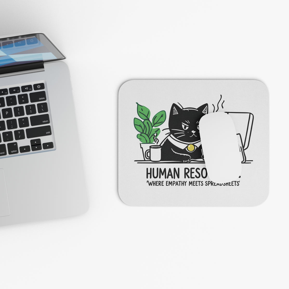 Mouse Pad (Rectangle) - Funny Office Humor Human Resources HR Cat Working Desk and Plant
