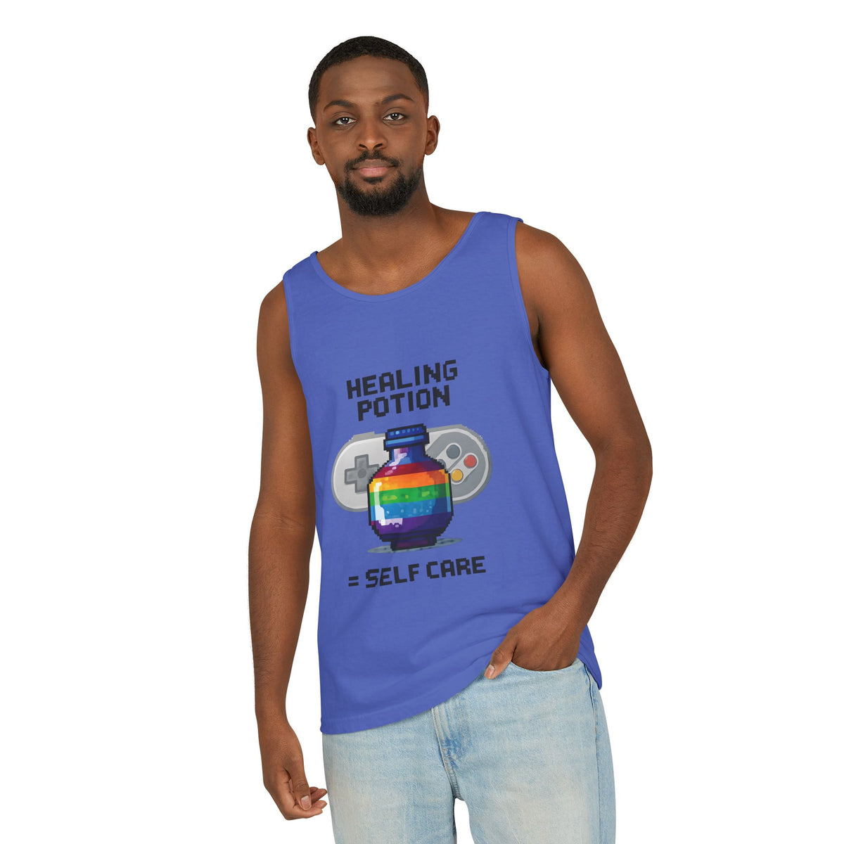 Retro Gaming Tank Top, LGBTQ+ Pride Rainbow Design, Unisex Shirt, Pixelated Tee, Gamer Apparel, Pride Clothing