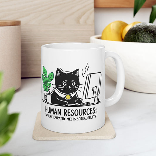 Human Resources HR Humorous Cat-Themed Ceramic Mug, Funny Office Coffee Cup, Gift for Cat Lovers, Cute Plant Design, Home & Office Decor