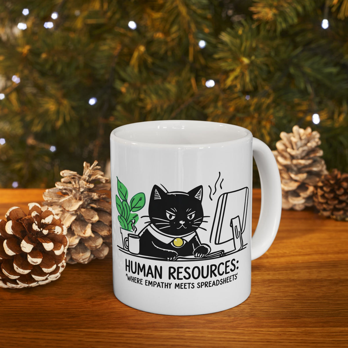 Human Resources HR Humorous Cat-Themed Ceramic Mug, Funny Office Coffee Cup, Gift for Cat Lovers, Cute Plant Design, Home & Office Decor