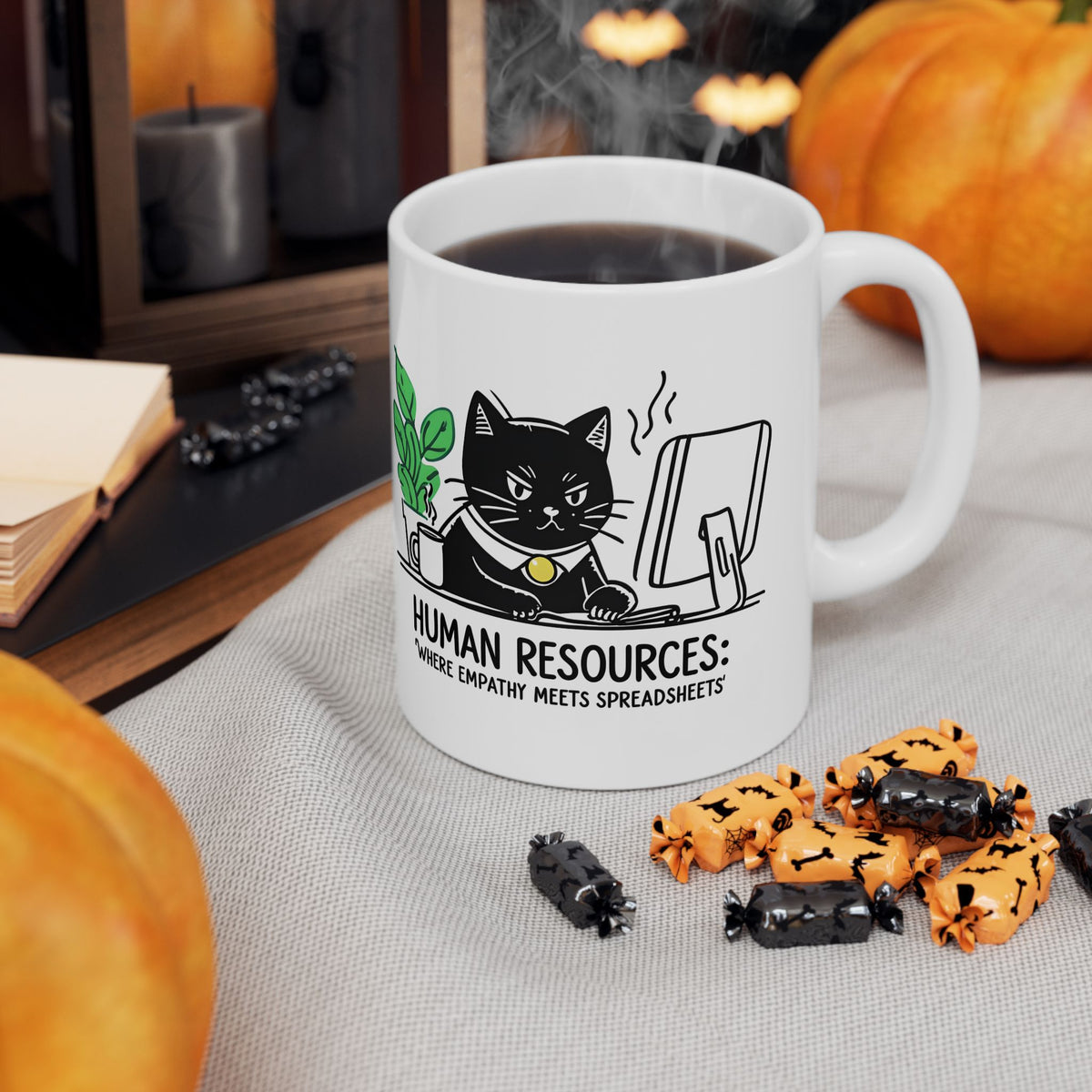 Human Resources HR Humorous Cat-Themed Ceramic Mug, Funny Office Coffee Cup, Gift for Cat Lovers, Cute Plant Design, Home & Office Decor