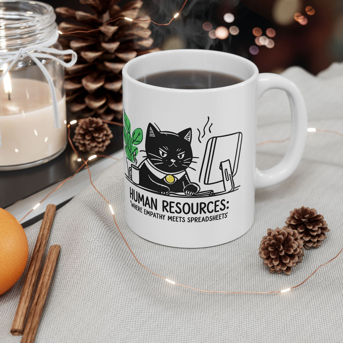 Human Resources HR Humorous Cat-Themed Ceramic Mug, Funny Office Coffee Cup, Gift for Cat Lovers, Cute Plant Design, Home & Office Decor