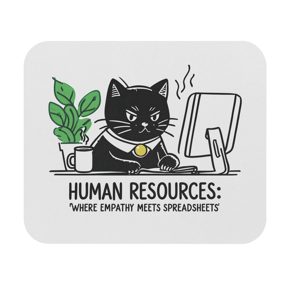 Mouse Pad (Rectangle) - Funny Office Humor Human Resources HR Cat Working Desk and Plant
