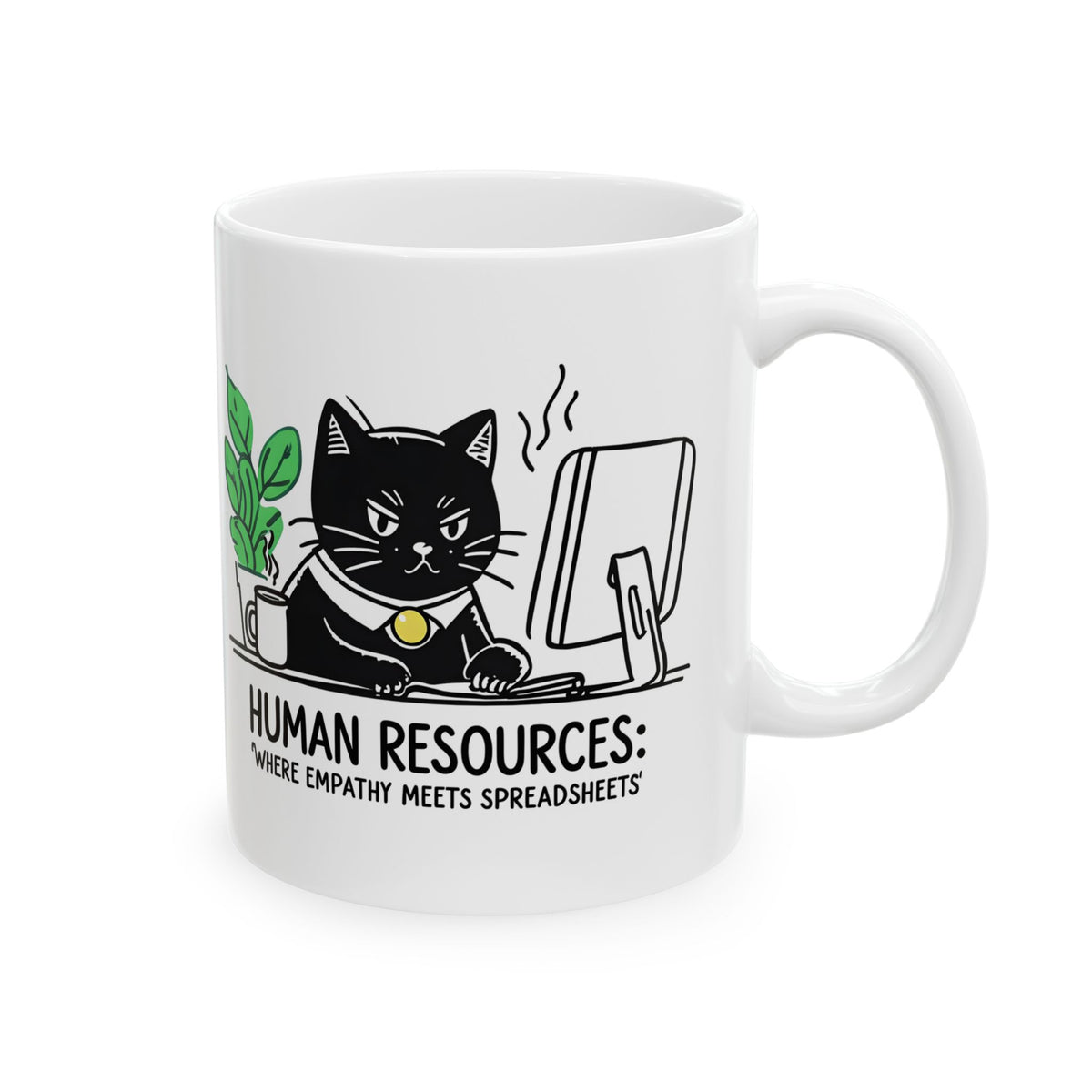 Human Resources HR Humorous Cat-Themed Ceramic Mug, Funny Office Coffee Cup, Gift for Cat Lovers, Cute Plant Design, Home & Office Decor