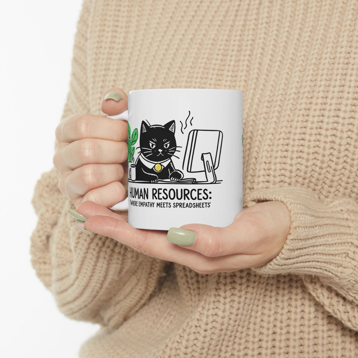 Human Resources HR Humorous Cat-Themed Ceramic Mug, Funny Office Coffee Cup, Gift for Cat Lovers, Cute Plant Design, Home & Office Decor