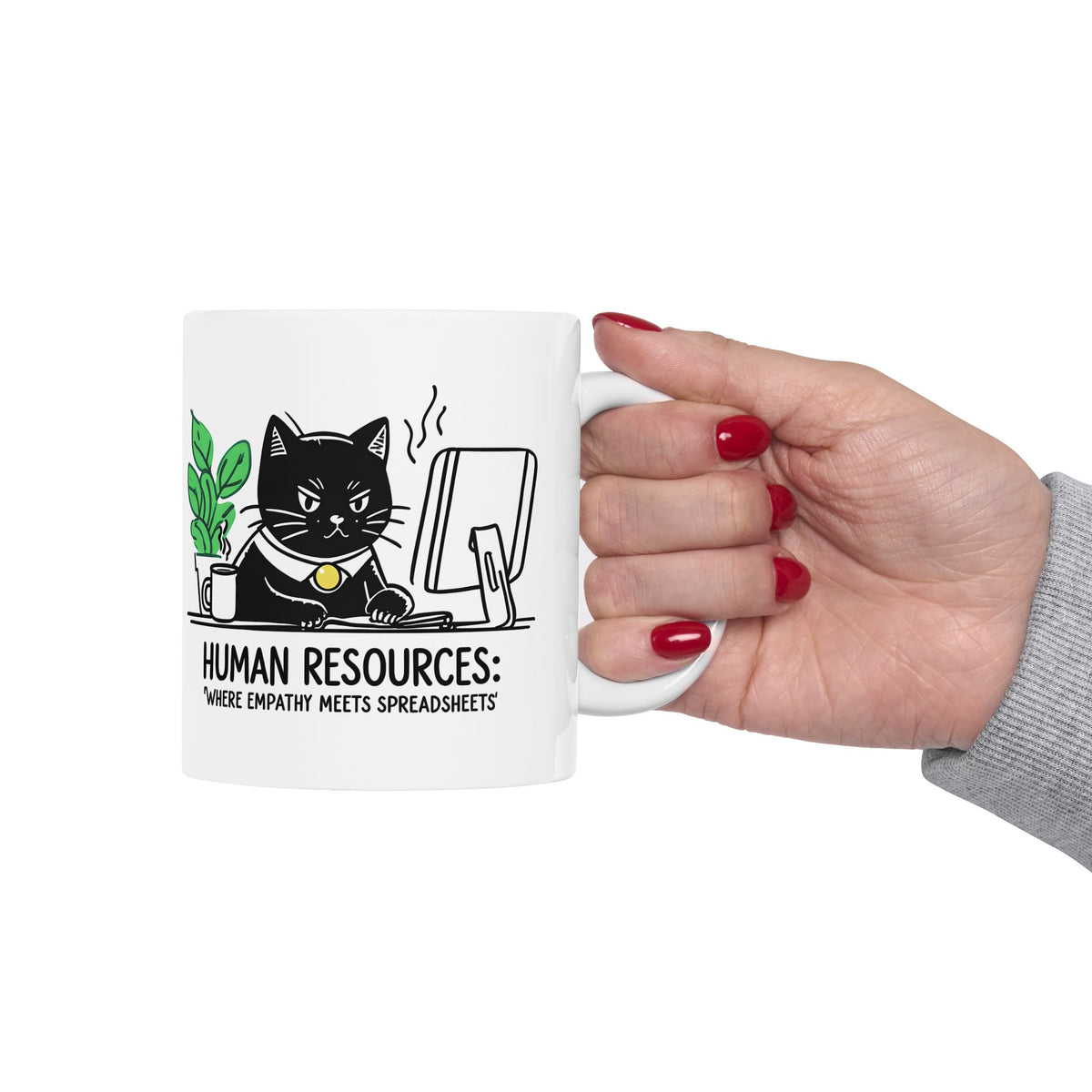 Human Resources HR Humorous Cat-Themed Ceramic Mug, Funny Office Coffee Cup, Gift for Cat Lovers, Cute Plant Design, Home & Office Decor