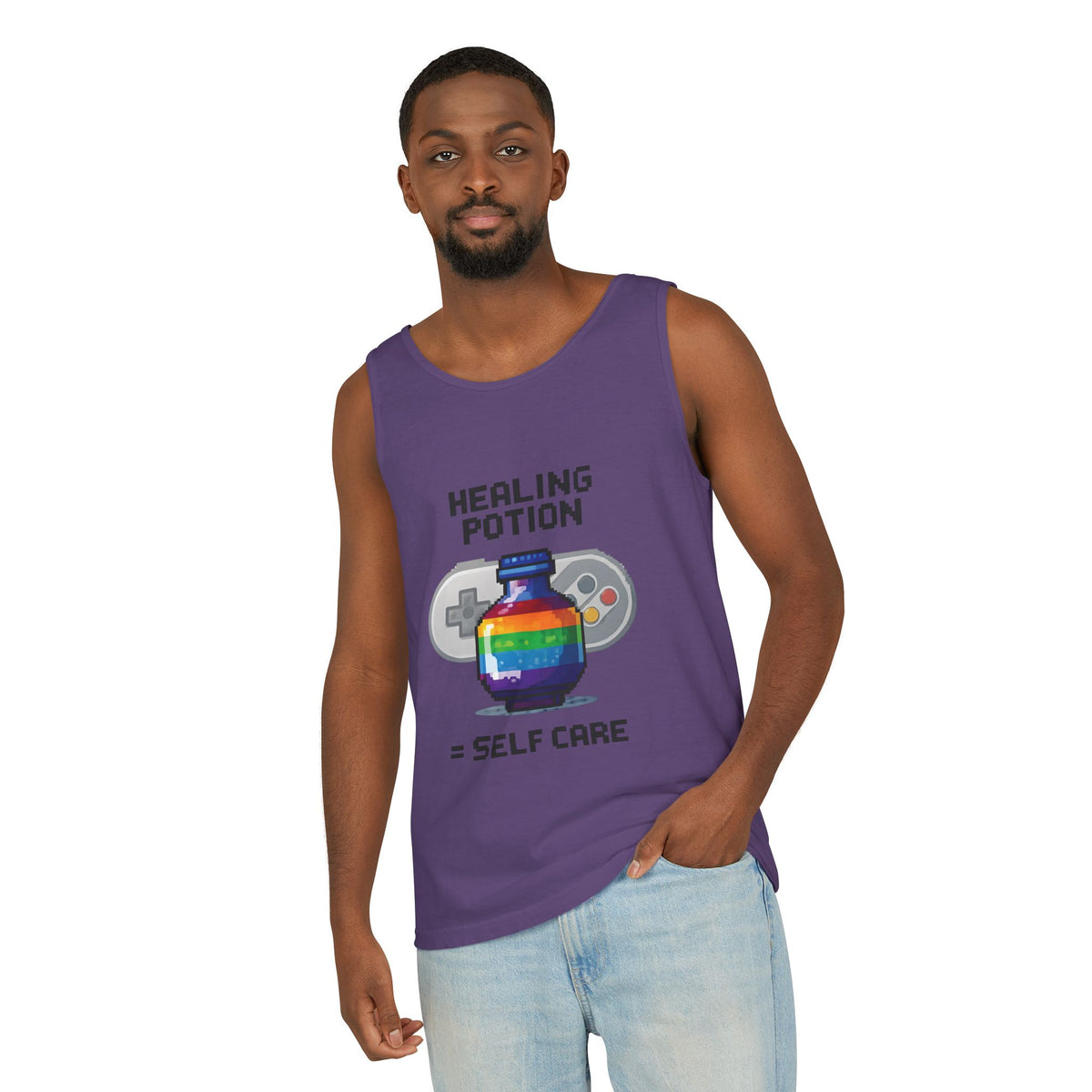 Retro Gaming Tank Top, LGBTQ+ Pride Rainbow Design, Unisex Shirt, Pixelated Tee, Gamer Apparel, Pride Clothing