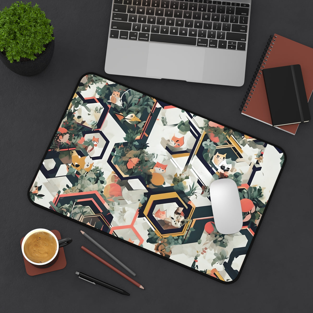 Geometric Cat Desk Mat with Botanical Design, Office Decor, Gift for Home, Creative Workspace, Modern Desk Accessory, Mouse Pad