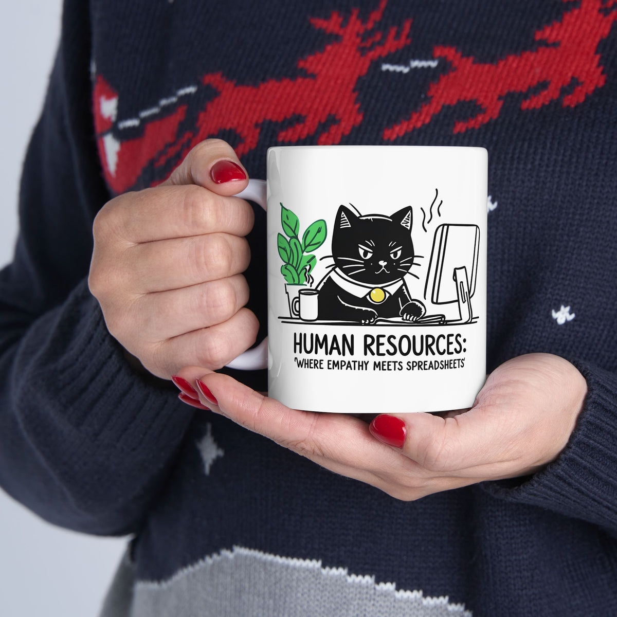 Human Resources HR Humorous Cat-Themed Ceramic Mug, Funny Office Coffee Cup, Gift for Cat Lovers, Cute Plant Design, Home & Office Decor